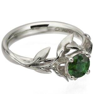 Leaves Engagement Ring #4 White Gold and Emerald