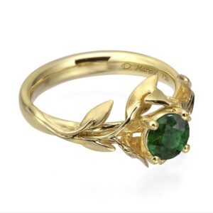 Leaves Engagement Ring #4 Yellow Gold and Emerald