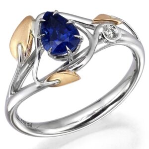 Leaves Engagement Ring Two Tone Yellow Gold and Pear Cut Sapphire