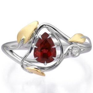 Leaves Engagement Ring Two Tone Yellow Gold and Pear Cut Ruby