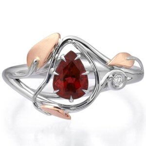 Leaves Engagement Ring Two Tone Rose Gold and Pear Cut Ruby