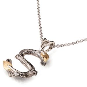 Letter S Gold Pendant, Twig and Leaves Initial Pendant