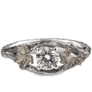 Twig and Maple Leaf Engagement Ring White Gold and Diamond