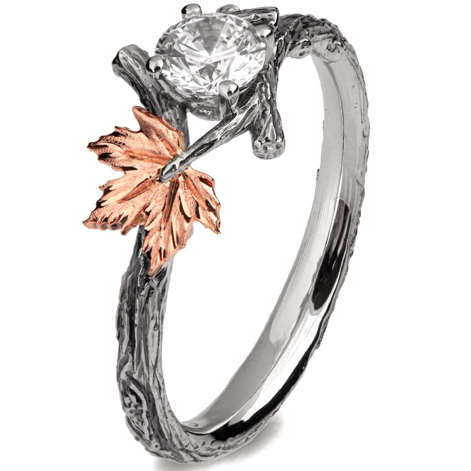Twig and Maple Leaf Engagement Ring Platinum and Diamond - Doron Merav