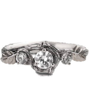 Three Stones Leaves Engagement Ring White Gold and Moissanites