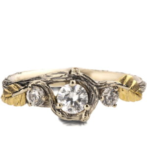 Three Stones Leaves Engagement Ring Yellow Gold and Moissanites