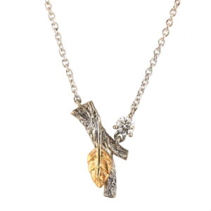 Twig and Leaf Yellow Gold and Diamond Pendant