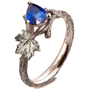 Twig and Maple Leaf Engagement Ring White Gold and Sapphire