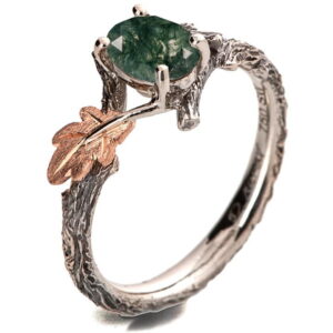 Oak Leaf Green Moss Agate Engagement Ring
