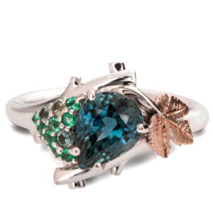 Vine Leaf Teal Sapphire and Emeralds Cluster Engagement Ring Platinum and Rose Gold Catalogue