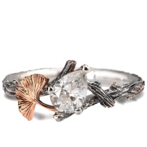 Twig and Ginkgo Leaf Engagement Ring Platinum and Diamond