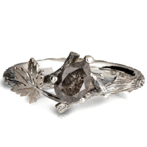 Twig and Maple Leaf Engagement Ring White Gold and Rustic Salt & Pepper Diamond