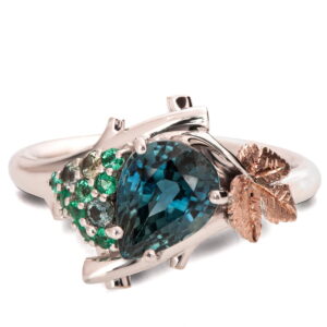 Vine Leaf Teal Sapphire and Emeralds Cluster Engagement Ring Rose Gold Catalogue