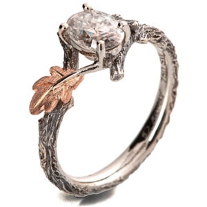 Twig and Oak Leaf Engagement Ring Rose Gold and Oval Moissanite Catalogue