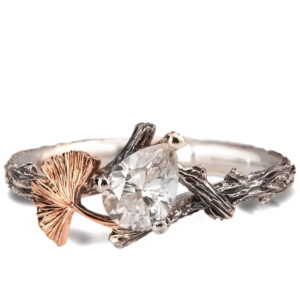Twig and Ginkgo Leaf Engagement Ring Rose Gold and Moissanite