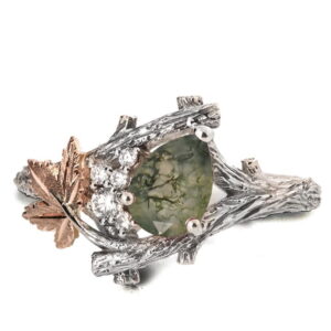 Maple Leaf Moss Agate and Diamonds Cluster Engagement Ring Platinum and Rose Gold Catalogue