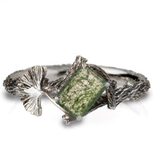 Twig and Ginkgo Leaf Engagement Ring White Gold and Moss Agate Catalogue