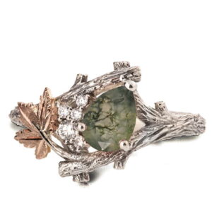Maple Leaf Moss Agate and Diamonds Cluster Engagement Ring Rose Gold Catalogue