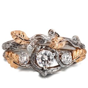Three Stones Leaves Bridal Set Platinum and Rose Gold and Moissanites Catalogue