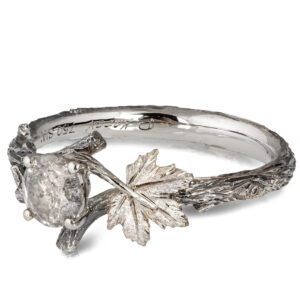 Twig and Maple Leaf Engagement Ring White Gold and Rustic Salt & Pepper Diamond