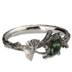 Twig and Ginkgo Leaf Engagement Ring White Gold and Moss Agate Catalogue