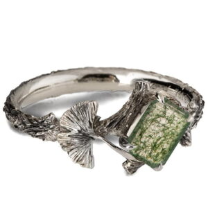 Twig and Ginkgo Leaf Engagement Ring White Gold and Moss Agate Catalogue