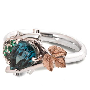 Vine Leaf Teal Sapphire and Emeralds Cluster Engagement Ring Rose Gold Catalogue