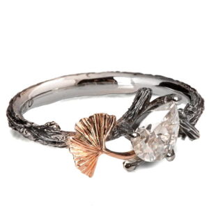 Twig and Ginkgo Leaf Engagement Ring Platinum and Moissanite Catalogue