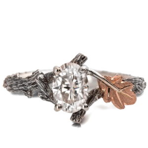 Platinum and Rose Gold Twig and Oak Leaf Engagement Ring Set With Oval Moissanite Catalogue