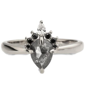 White Gold Salt and Pepper Pear Diamond Semi Halo Crown Engagement Ring