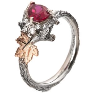 Maple Leaf Ruby and Diamonds Cluster Engagement Ring Platinum and Rose Gold Catalogue