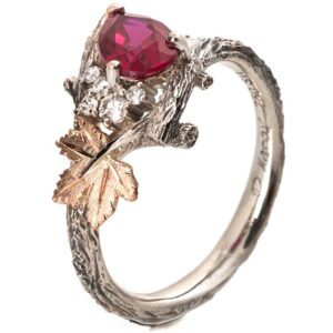 Maple Leaf Ruby and Diamonds Cluster Engagement Ring Rose Gold Catalogue