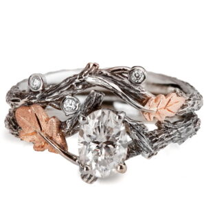 Platinum and Rose Gold Twig and Oak Leaf Bridal Set With Oval Moissanite Catalogue