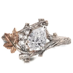 Platinum and Rose Gold Twig and Leaf Pear Moissanite Cluster Engagement Ring Catalogue