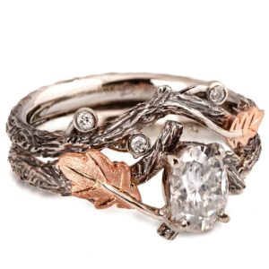 Twig and Oak Leaf Bridal Set Rose Gold and Oval Moissanite Catalogue