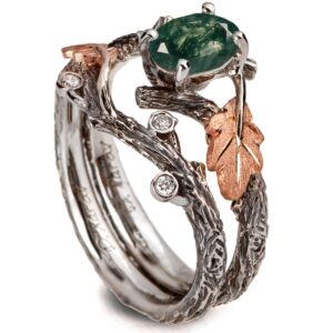 Oak Leaf Green Moss Agate Bridal Set Platinum and Rose Gold Catalogue