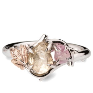Vine Leaf Raw Diamond and Sapphire Cluster Twig Engagement Ring Platinum and Rose Gold Catalogue