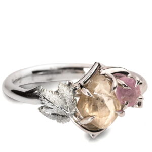 Vine Leaf Raw Diamond and Sapphire Cluster Twig Engagement Ring White Gold Catalogue