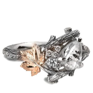 Platinum and Rose Gold Twig and Maple Leaf Raw Diamond Cluster Engagement Ring Catalogue