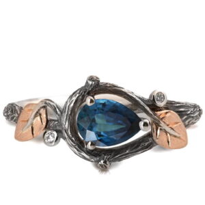 Platinum and Rose Gold Twig and Leaves Pear Cut Teal Sapphire Engagament Ring Catalogue