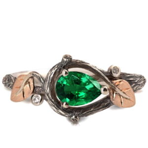 Black and Rose Gold Twig and Leaves Pear Cut Emerald Engagament Ring