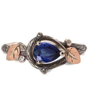 Black and Rose Gold Twig and Leaves Pear Cut Blue Sapphire Engagament Ring