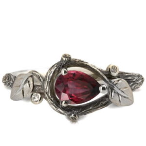 White Gold Twig and Leaves Engagement Ring and Ruby
