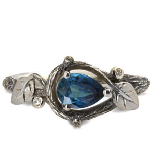 Black and White Gold Twig and Leaves Pear Cut Teal Sapphire Engagament Ring Catalogue