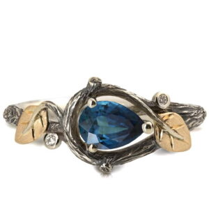 Black and Gold Twig and Leaves Pear Cut Teal Sapphire Engagament Ring Catalogue