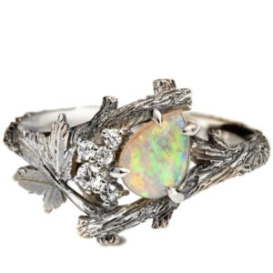 White Gold Twig and Maple Leaf Pear-Cut Opal and Diamonds Cluster Engagement Ring Catalogue