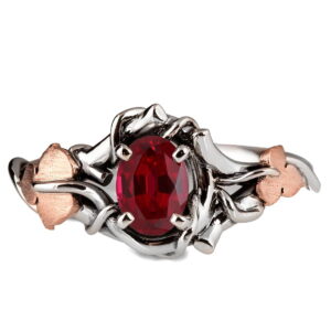 Platinum and Rose Gold Vines and Leaves Ruby Engagament Ring Catalogue
