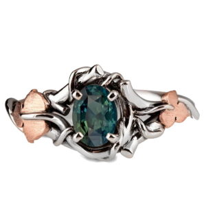 Platinum and Rose Gold Vines and Leaves Teal Sapphire Engagament Ring Catalogue