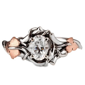 Platinum & Rose Gold Vines and Leaves Oval Moissanite Engagament Ring Catalogue