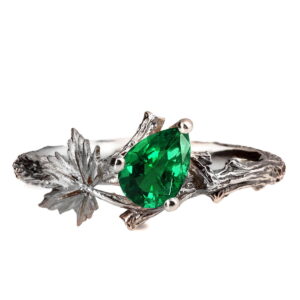 Twig and Maple Leaf Engagement Ring White Gold and Emerald
